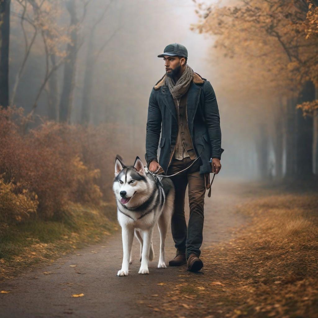  a young tall man walking his husky dog hyperrealistic, full body, detailed clothing, highly detailed, cinematic lighting, stunningly beautiful, intricate, sharp focus, f/1. 8, 85mm, (centered image composition), (professionally color graded), ((bright soft diffused light)), volumetric fog, trending on instagram, trending on tumblr, HDR 4K, 8K