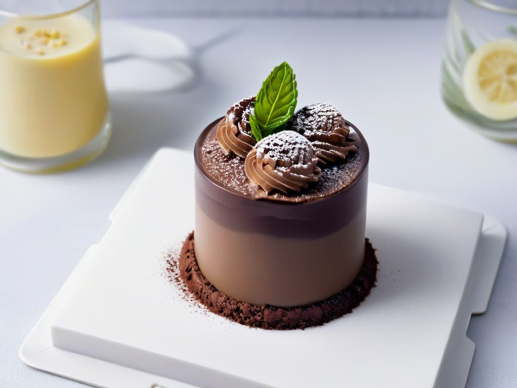  A closeup, ultradetailed image of a decadent chocolate avocado mousse served in a delicate glass dessert cup. The rich, creamy mousse is perfectly smooth and glossy, with a sprinkling of finely grated dark chocolate on top for an elegant finishing touch. The dessert cup is placed on a sleek, modern white marble surface, creating a visually striking contrast that enhances the luxurious feel of the dessert. The lighting is soft and diffused, highlighting the velvety texture of the mousse and creating a sophisticated, minimalist aesthetic. hyperrealistic, full body, detailed clothing, highly detailed, cinematic lighting, stunningly beautiful, intricate, sharp focus, f/1. 8, 85mm, (centered image composition), (professionally color graded), ((bright soft diffused light)), volumetric fog, trending on instagram, trending on tumblr, HDR 4K, 8K