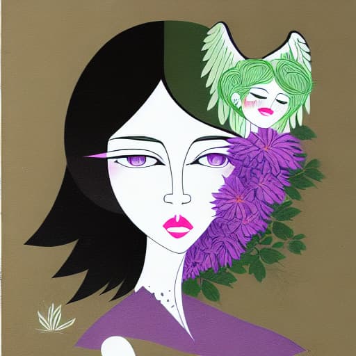  Paper cutout of a woman with wings and flowers on it, over-detailed woman face and body and purple-green hair