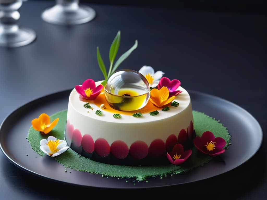  A highresolution image of a sleek, modern molecular gastronomy dessert composed of intricate layers of transparent spheres filled with vibrant colored liquids, delicately placed on a pristine white plate. The dessert is garnished with tiny edible flowers and shimmering gold flakes, set against a minimalist black backdrop to emphasize its scientific and artistic details. hyperrealistic, full body, detailed clothing, highly detailed, cinematic lighting, stunningly beautiful, intricate, sharp focus, f/1. 8, 85mm, (centered image composition), (professionally color graded), ((bright soft diffused light)), volumetric fog, trending on instagram, trending on tumblr, HDR 4K, 8K