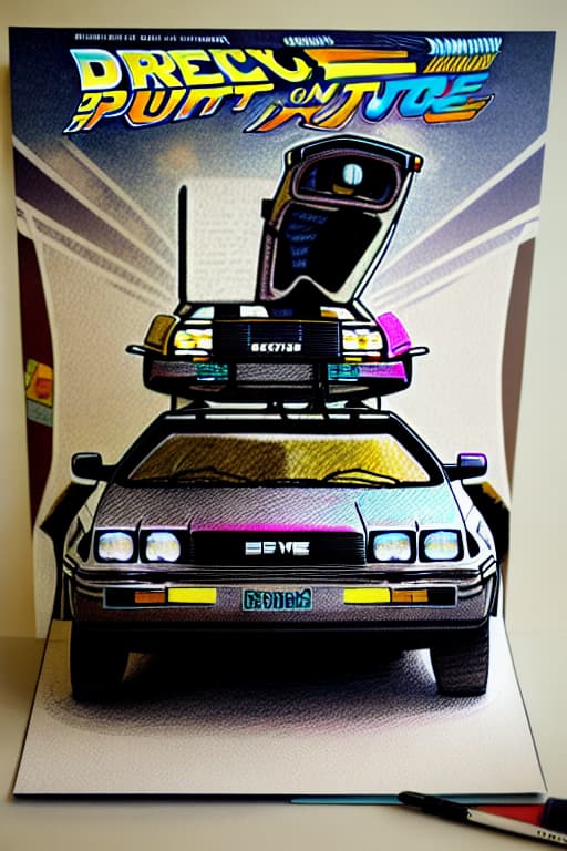  Draw delorean car from back to the future. inside car is dr emmett brown. In front of car is standing donkey king with crown on his head and dressed with royal clothes.