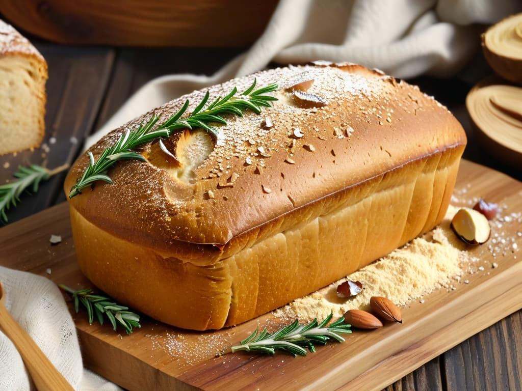  A closeup, ultradetailed image of a golden, freshly baked loaf of glutenfree bread, sprinkled with a light dusting of almond flour on top. The bread is placed on a rustic wooden cutting board, with a few scattered almond nuts and a sprig of fresh rosemary as decoration. The lighting is soft and natural, highlighting the texture of the bread and creating a warm, inviting atmosphere. hyperrealistic, full body, detailed clothing, highly detailed, cinematic lighting, stunningly beautiful, intricate, sharp focus, f/1. 8, 85mm, (centered image composition), (professionally color graded), ((bright soft diffused light)), volumetric fog, trending on instagram, trending on tumblr, HDR 4K, 8K