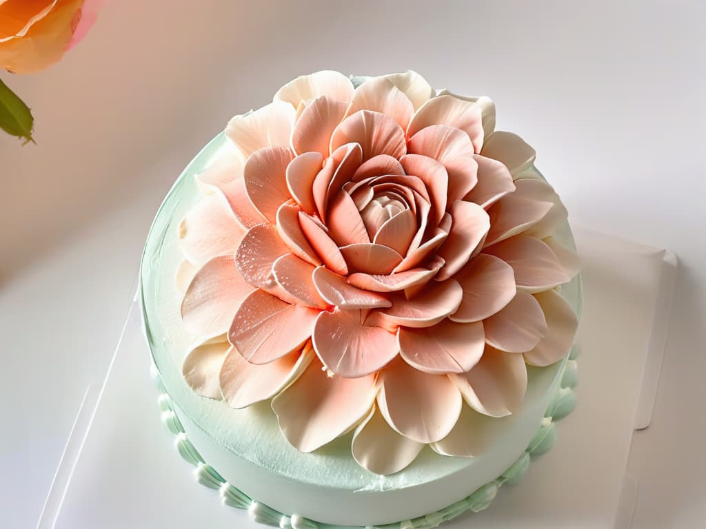  A closeup, ultradetailed image of a delicate, intricately designed sugar flower atop a perfectly frosted cake. The flower is meticulously crafted with lifelike details, showcasing layers of delicate petals and a gradient of hues that fade from blush pink to ivory. The frosting on the cake is smooth and flawless, with a subtle sheen that catches the light, emphasizing the artistry and skill that goes into creating such a masterpiece. hyperrealistic, full body, detailed clothing, highly detailed, cinematic lighting, stunningly beautiful, intricate, sharp focus, f/1. 8, 85mm, (centered image composition), (professionally color graded), ((bright soft diffused light)), volumetric fog, trending on instagram, trending on tumblr, HDR 4K, 8K