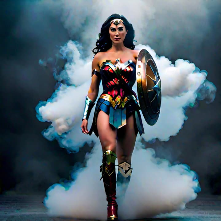  Wonder Woman is smoking and dancing hyperrealistic, full body, detailed clothing, highly detailed, cinematic lighting, stunningly beautiful, intricate, sharp focus, f/1. 8, 85mm, (centered image composition), (professionally color graded), ((bright soft diffused light)), volumetric fog, trending on instagram, trending on tumblr, HDR 4K, 8K