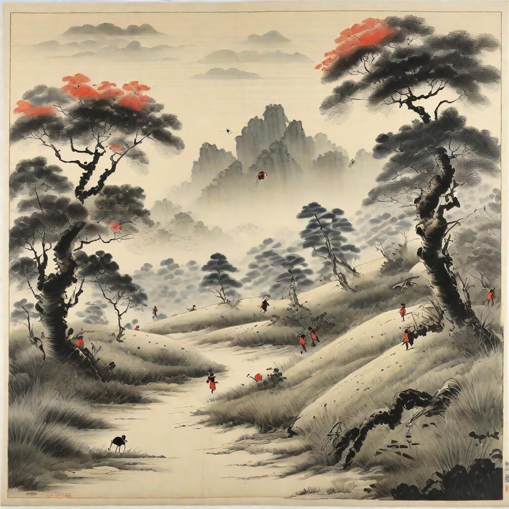  masterpiece, best quality, BEST QUALITY, CHINESE WIND Ink Painting Book Picture,a sunny grassland with a cheerful ant carrying a backpack, walking on a path surrounded by tall trees under a clear sky with a gentle breeze