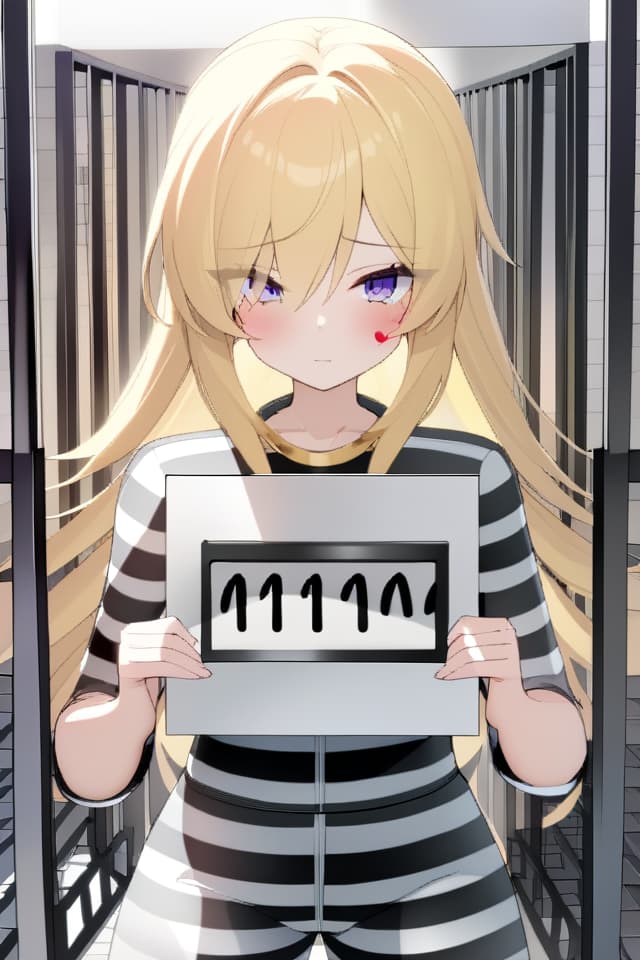  ultra detailed:1.2masterpiece:1.2,best quality,masterpiece,bestquality,hdr:1.1,8k:1.1,very cute girl:1.3,(white and black striped pattern Jumpsuit:1.3),prison:1.3,(front iron grate:1.3) ,hands up :1.1,(holding name plate:1.3),blonde hair:1.3,heart tattoo under one eye:1.2,upper body:1.1,multi shot:1.4,into prison