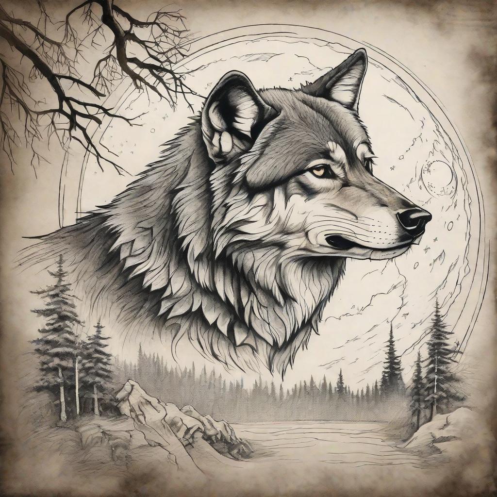  masterpiece, best quality, Sketch of a tattoo of a wolf against the background of the moon with a birch tree