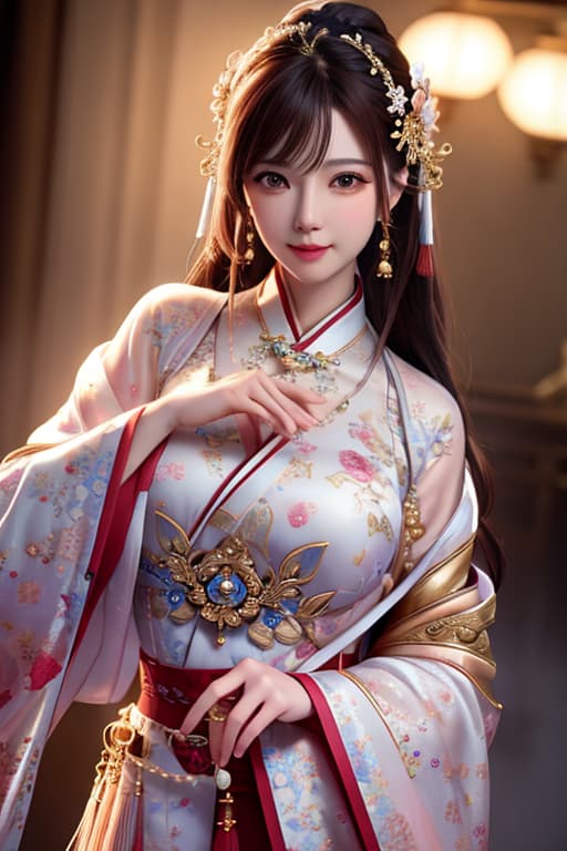  best quality, masterpiece, highres, 1girl,blush,(seductive smile:0.8),star shaped pupils,china hanfu,hair ornament,necklace, jewelry,Beautiful face,upon body, tyndall effect,photorealistic, dark studio, rim lighting, two tone lighting,(high detailed skin:1.2), 8k uhd, dslr, soft lighting, high quality, volumetric lighting, candid, Photograph, high resolution, 4k, 8k, Bokeh hyperrealistic, full body, detailed clothing, highly detailed, cinematic lighting, stunningly beautiful, intricate, sharp focus, f/1. 8, 85mm, (centered image composition), (professionally color graded), ((bright soft diffused light)), volumetric fog, trending on instagram, trending on tumblr, HDR 4K, 8K