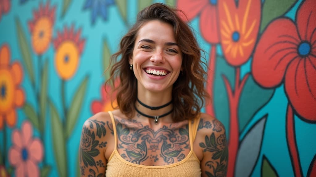  good quality, high quality, a joyful young woman with tattoos smiles brightly in front of a colorful mural featuring floral and abstract designs.