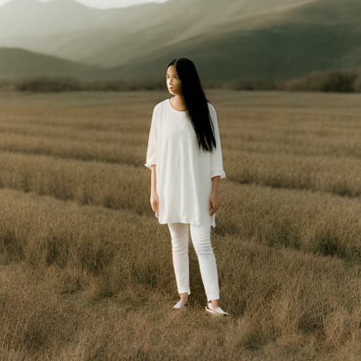 analog style A woman with long black hair and white top posing for a picture