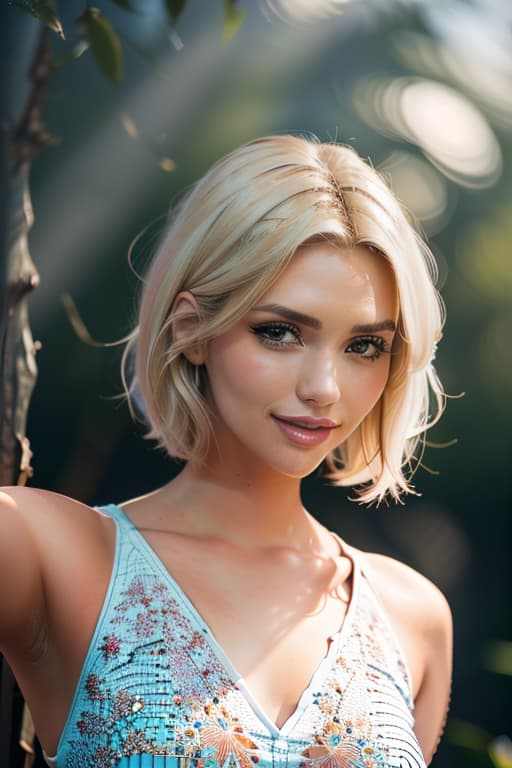  1girl,1girl,blonde short hair,straight hair,upper body shot,shirt,smile hyperrealistic, full body, detailed clothing, highly detailed, cinematic lighting, stunningly beautiful, intricate, sharp focus, f/1. 8, 85mm, (centered image composition), (professionally color graded), ((bright soft diffused light)), volumetric fog, trending on instagram, trending on tumblr, HDR 4K, 8K