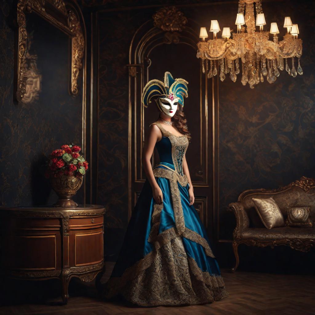  young lady in posing in vintage interior. beautiful and young woman posing in and venetian mask on dark background. vintage interior and retro background., cute, hyper detail, full HD hyperrealistic, full body, detailed clothing, highly detailed, cinematic lighting, stunningly beautiful, intricate, sharp focus, f/1. 8, 85mm, (centered image composition), (professionally color graded), ((bright soft diffused light)), volumetric fog, trending on instagram, trending on tumblr, HDR 4K, 8K