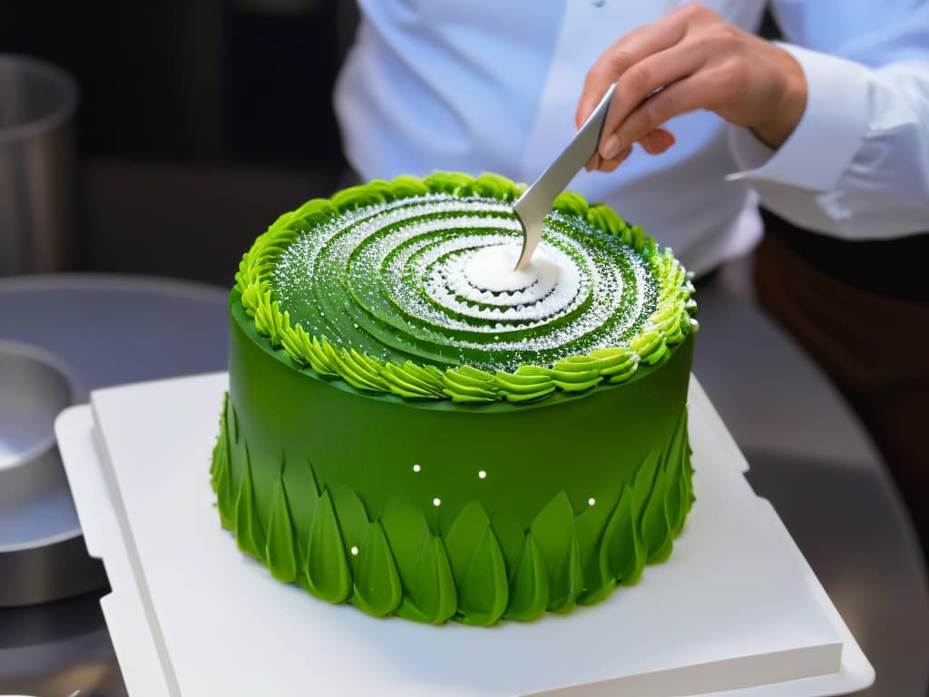  A closeup, ultradetailed image of a pastry chef meticulously piping intricate designs on a cake using ecofriendly, sustainable ingredients. The focus is on the chef's hands, showing precision and artistry in creating a visually stunning and delicious dessert. The background is a simple, clean workspace with minimalistic decor, emphasizing the importance of sustainable practices in the art of pastry making. hyperrealistic, full body, detailed clothing, highly detailed, cinematic lighting, stunningly beautiful, intricate, sharp focus, f/1. 8, 85mm, (centered image composition), (professionally color graded), ((bright soft diffused light)), volumetric fog, trending on instagram, trending on tumblr, HDR 4K, 8K