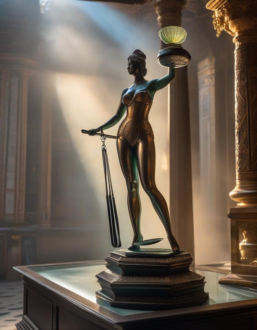  The image shows a beautiful glass glowing statue of a woman holding a scale., The woman stands on a pedestal and the scales she holds are balanced evenly., The statue appears to be made of transparent glass, which gives it a unique and charming look., The overall scene is visually appealing and adds elegance to the image. hyperrealistic, full body, detailed clothing, highly detailed, cinematic lighting, stunningly beautiful, intricate, sharp focus, f/1. 8, 85mm, (centered image composition), (professionally color graded), ((bright soft diffused light)), volumetric fog, trending on instagram, trending on tumblr, HDR 4K, 8K