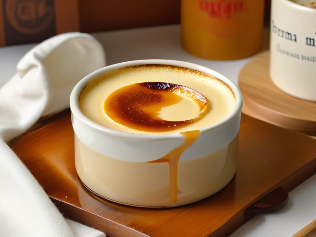  A closeup, ultradetailed image of a perfectly torched Crema Catalana in a sleek, modern ceramic ramekin. The caramelized sugar topping is flawlessly golden and crackling, contrasting beautifully with the velvety smooth custard base peeking through the edges. The surface is impeccably smooth, reflecting the light in a mesmerizing way, emphasizing the precision and artistry in creating this iconic Spanish dessert. hyperrealistic, full body, detailed clothing, highly detailed, cinematic lighting, stunningly beautiful, intricate, sharp focus, f/1. 8, 85mm, (centered image composition), (professionally color graded), ((bright soft diffused light)), volumetric fog, trending on instagram, trending on tumblr, HDR 4K, 8K