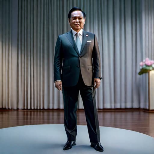  Prayuth Chan-O-Cha, 8K hyperrealistic, full body, detailed clothing, highly detailed, cinematic lighting, stunningly beautiful, intricate, sharp focus, f/1. 8, 85mm, (centered image composition), (professionally color graded), ((bright soft diffused light)), volumetric fog, trending on instagram, trending on tumblr, HDR 4K, 8K