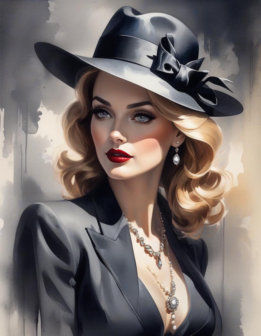  film noir style painting of a woman wearing a hat with a necklace, exquisite digital illustration, elegante pintura digital, linda pintura de persona gem, beautiful digital illustration, estilo de pintura digital, linda pintura digital, linda arte digital, no estilo aquarela, pintura linda, no art style by bowater, a beautiful art illustration, no estilo de aquarela digital, with ink blots and paint running down the screen . monochrome, high contrast, dramatic shadows, 1940s style, mysterious, cinematic hyperrealistic, full body, detailed clothing, highly detailed, cinematic lighting, stunningly beautiful, intricate, sharp focus, f/1. 8, 85mm, (centered image composition), (professionally color graded), ((bright soft diffused light)), volumetric fog, trending on instagram, trending on tumblr, HDR 4K, 8K