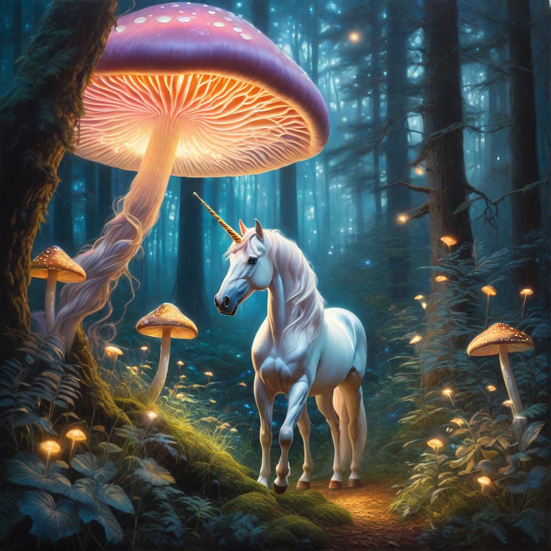  Oil painting of a enchanted forest, with glowing mushrooms, fireflies, and a unicorn, soft brushstrokes, pastel colors, dream-like atmosphere hyperrealistic, full body, detailed clothing, highly detailed, cinematic lighting, stunningly beautiful, intricate, sharp focus, f/1. 8, 85mm, (centered image composition), (professionally color graded), ((bright soft diffused light)), volumetric fog, trending on instagram, trending on tumblr, HDR 4K, 8K