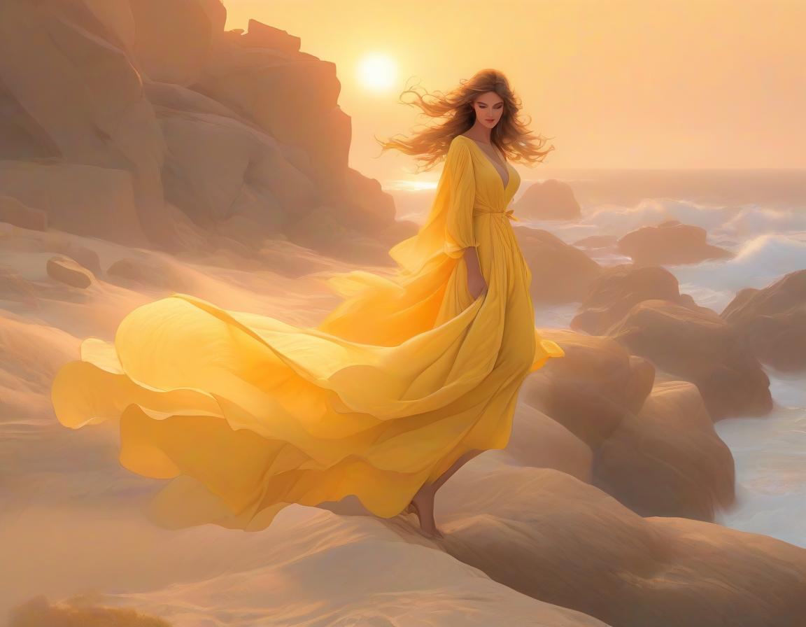  line art drawing A painting of a woman in a flowing yellow dress reclining on rocks with a sunset over a body of water in the background. . professional, sleek, modern, minimalist, graphic, line art, vector graphics hyperrealistic, full body, detailed clothing, highly detailed, cinematic lighting, stunningly beautiful, intricate, sharp focus, f/1. 8, 85mm, (centered image composition), (professionally color graded), ((bright soft diffused light)), volumetric fog, trending on instagram, trending on tumblr, HDR 4K, 8K