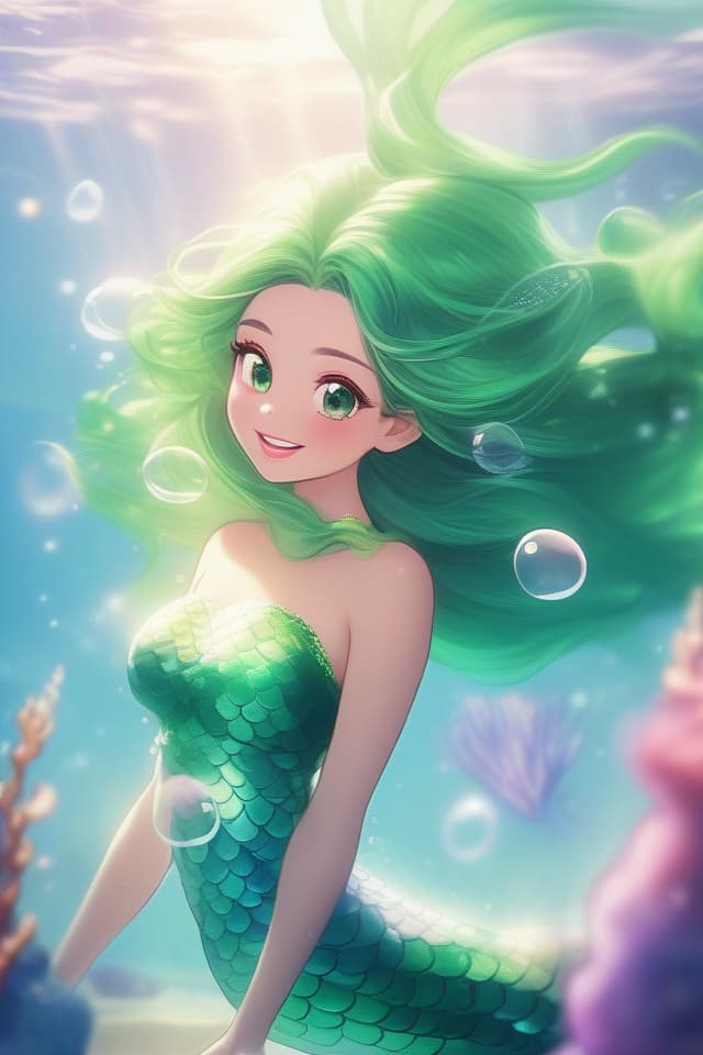  Bubbles, beautiful illustrations (Green Hair Color Mermaid) Illustration Style, Deep Sea, Masterpiece, Mermaid Princess, Very Beautiful Mermaid, (BREEN HAIR COLOR) hidden by hair), SEVEN COLOR LOWER BODY, FOAM, High Quality, High Definition, 8k, 16k