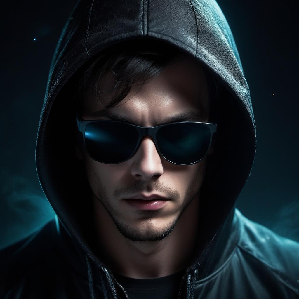  a man in a hood, his face covered with the black glasses, night, turned sideways, dark jacket, super visualization.