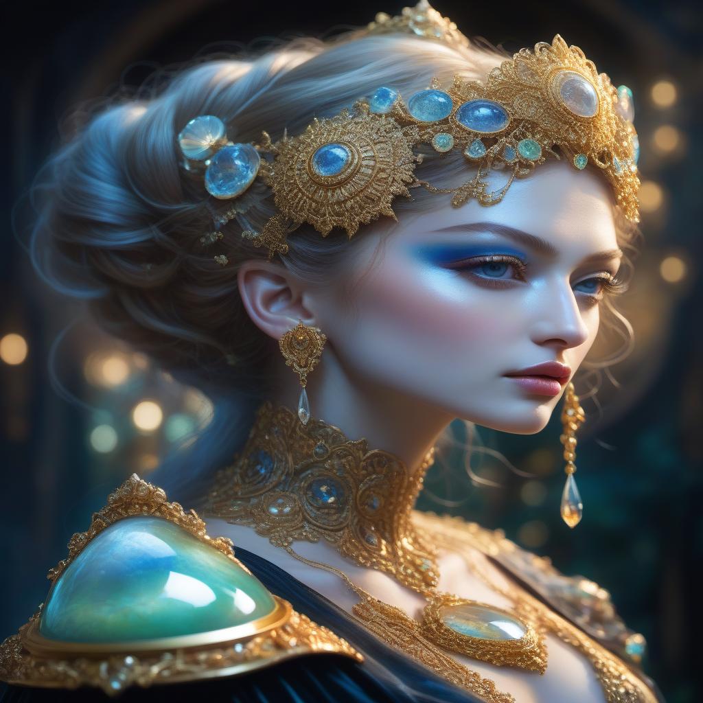  Профиль в стиле фэнтези Запрос: Whimsical and beautiful depiction of resin cabochons forming a fantasy profile, soulful, intense, art by James Christensen, Josias Severo, ornate, swirling, hyper detailed face and eyes, dripping watercolor, overgrown, abandoned, mix of Zendaya and Gigi Hadid, moonlit glow, tan skin, skin texture, intricate, filigree, mother of pearl, 3D, whimsical, fabulous, fantastical, gold leaf trim, magical, masterpiece painting, hyper detailed, captivating, enchanting, intense, scattered light, composed using the golden ratio, award winning, perfect composition, highly detailed Модель: Ideogram 1.0 Remix: https://ideogram.ai/g/aMRhhglOTSOCLQoZGj3_RQ/3 hyperrealistic, full body, detailed clothing, highly detailed, cinematic lighting, stunningly beautiful, intricate, sharp focus, f/1. 8, 85mm, (centered image composition), (professionally color graded), ((bright soft diffused light)), volumetric fog, trending on instagram, trending on tumblr, HDR 4K, 8K