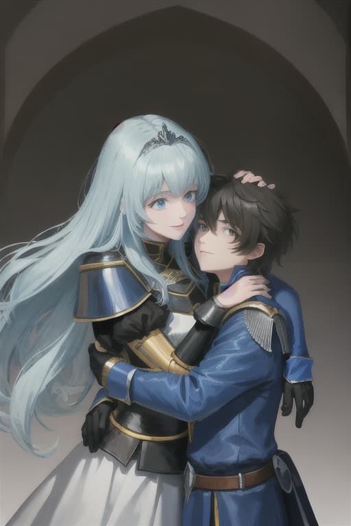  Knight and boy hugging a princess, high angle