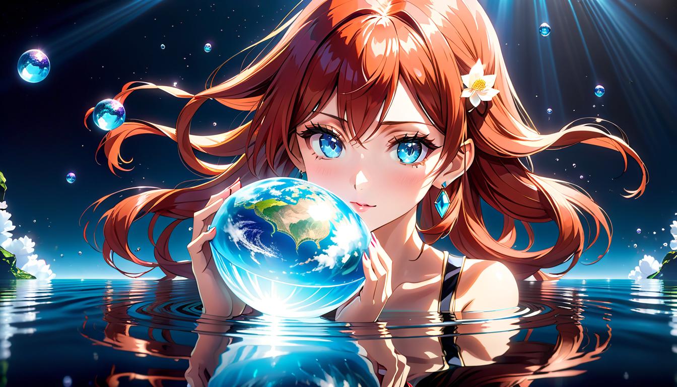  anime artwork The beautiful goddess sits statically in the lotus position, against a black empty background, reddish hair, blue eyes, fine features of the face, a close up view up to the waist, in her hands a large bowl with water, in the reflection of the water we see the surface of the planet. . anime style, key visual, vibrant, studio anime, highly detailed hyperrealistic, full body, detailed clothing, highly detailed, cinematic lighting, stunningly beautiful, intricate, sharp focus, f/1. 8, 85mm, (centered image composition), (professionally color graded), ((bright soft diffused light)), volumetric fog, trending on instagram, trending on tumblr, HDR 4K, 8K