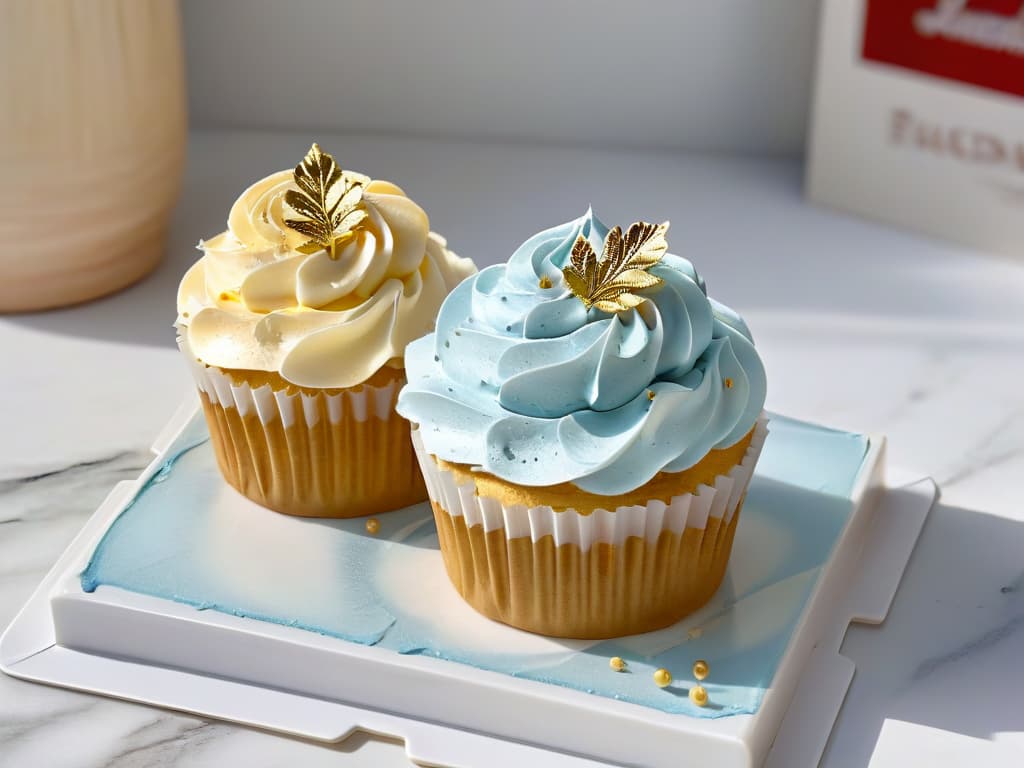  A closeup, ultradetailed image of a perfectly frosted cupcake, delicately adorned with a single shimmering gold leaf, resting on a sleek, modern marble countertop. The frosting is expertly piped in intricate swirls, showcasing a gradient of pastel colors that catch the light in a mesmerizing way. The background is softly blurred, emphasizing the precise details of the cupcake and creating a minimalist, sophisticated aesthetic. hyperrealistic, full body, detailed clothing, highly detailed, cinematic lighting, stunningly beautiful, intricate, sharp focus, f/1. 8, 85mm, (centered image composition), (professionally color graded), ((bright soft diffused light)), volumetric fog, trending on instagram, trending on tumblr, HDR 4K, 8K