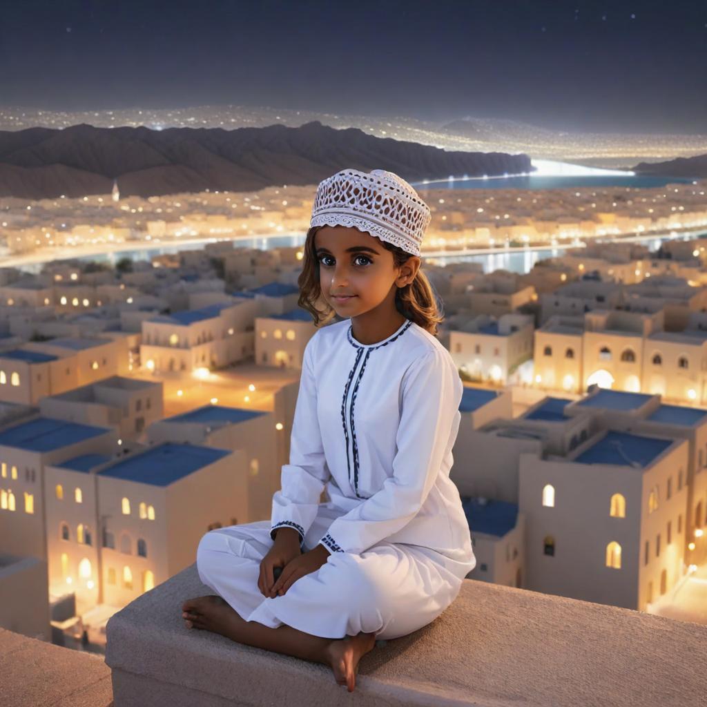 omani girl sitting in front of Muscat city at night,anime ,4k