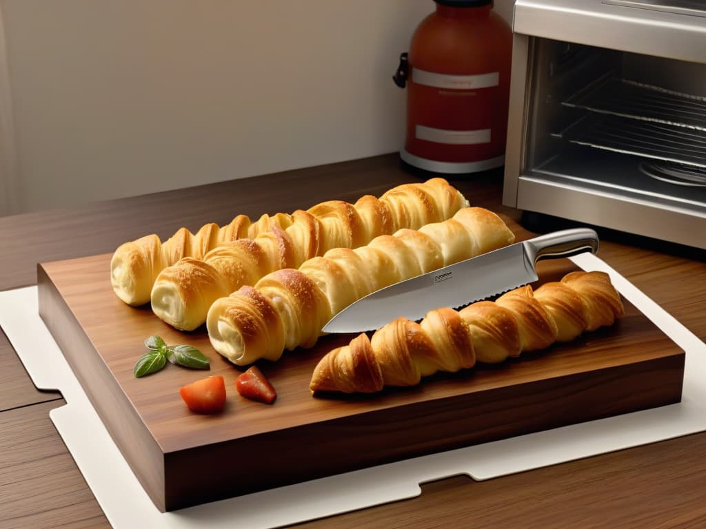  A photorealistic image of a sleek, modern kitchen countertop with a highquality set of pastry knives displayed elegantly on a wooden cutting board. The knives are gleaming under the soft glow of overhead lighting, showcasing their sharp edges and ergonomic handles. The background features subtle hints of a busy bakery environment, with glimpses of colorful ingredients and delicate pastries in the vicinity, adding a touch of artistry and professionalism to the composition. hyperrealistic, full body, detailed clothing, highly detailed, cinematic lighting, stunningly beautiful, intricate, sharp focus, f/1. 8, 85mm, (centered image composition), (professionally color graded), ((bright soft diffused light)), volumetric fog, trending on instagram, trending on tumblr, HDR 4K, 8K