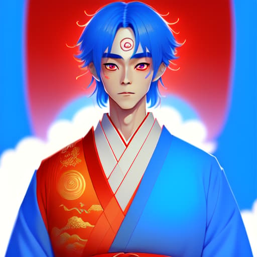 in OliDisco style Japanese manga male. traditional Japanese clothing. narrow eyes. vertical pupils. colored. unique art style. blue and red split color. 3D image of the whole body. c4d. 32k. the best quality.