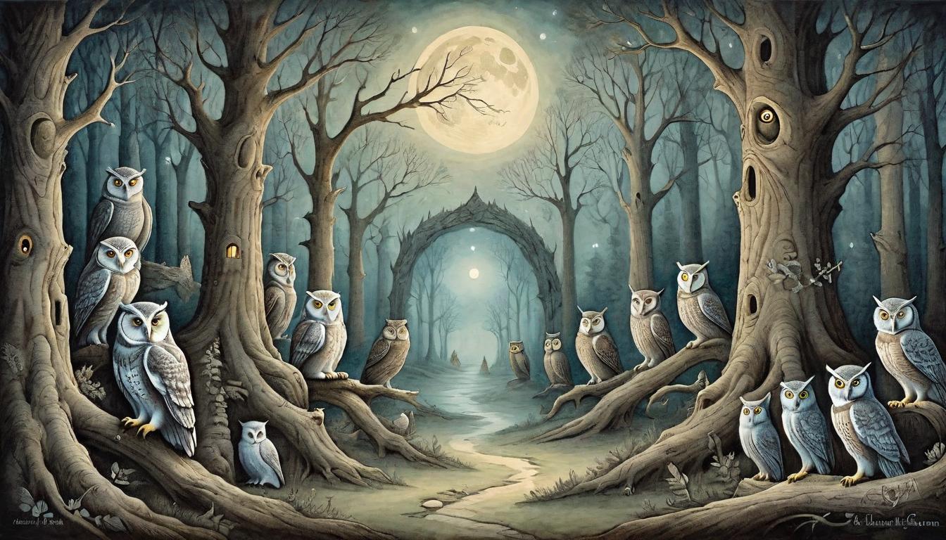  on parchment, surrealism+++, A council of owls in an ancient grove, wisdom shared under the cover of night, shift towards ethical guidance, serene and profound insight, transformation of norms(mysterious, provocative, symbolic,muted color)+++