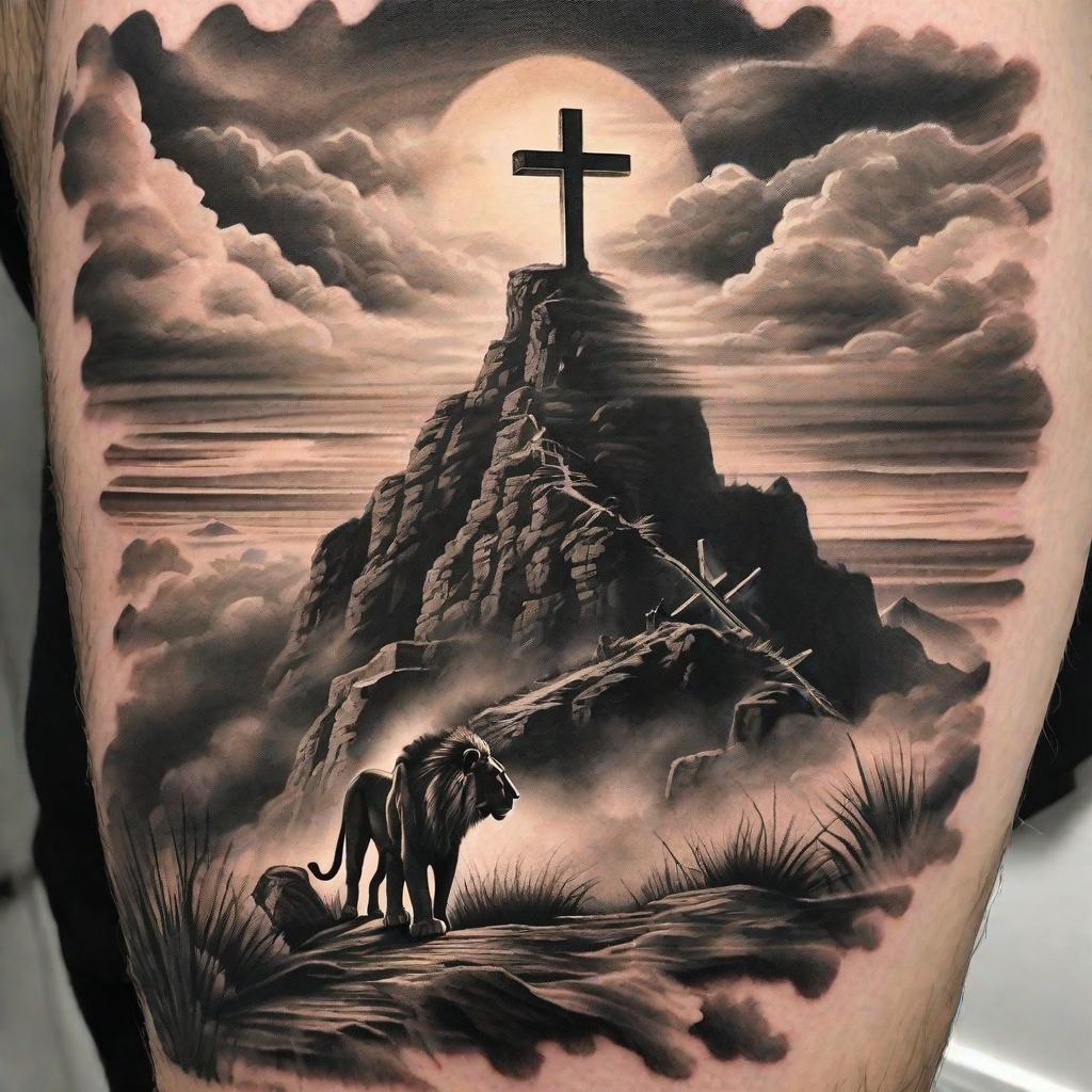  masterpiece, best quality, Cliff with 3 crosses and sunlight going through the clouds with a lion looking off the edge but the crosses being the main part of the tattoo