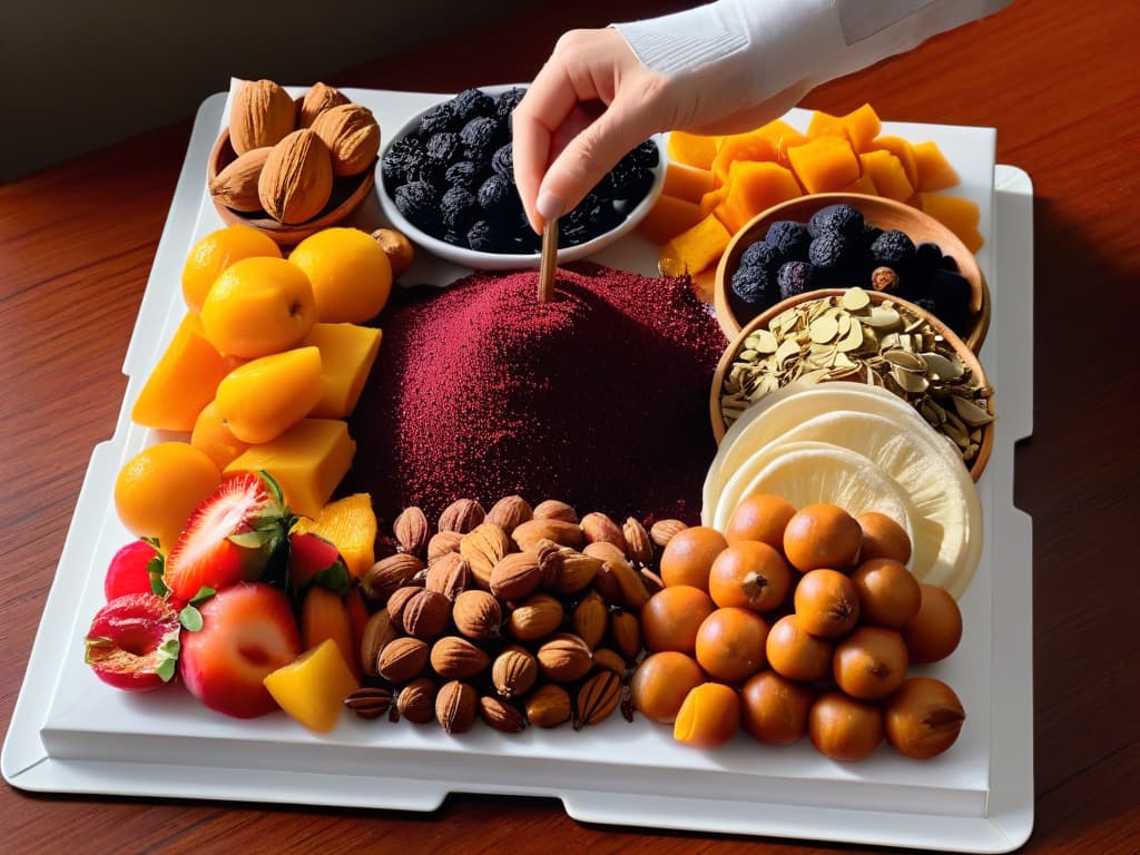  An ultradetailed image of a hand reaching for a perfectly arranged display of ethically sourced dried fruits and Fair Trade spices, with vibrant colors and intricate textures showcasing the natural beauty of each ingredient. The background is a soft, neutral tone to emphasize the rich hues of the fruits and spices, creating a visually striking and minimalist composition that evokes a sense of ethical sourcing and culinary inspiration. hyperrealistic, full body, detailed clothing, highly detailed, cinematic lighting, stunningly beautiful, intricate, sharp focus, f/1. 8, 85mm, (centered image composition), (professionally color graded), ((bright soft diffused light)), volumetric fog, trending on instagram, trending on tumblr, HDR 4K, 8K