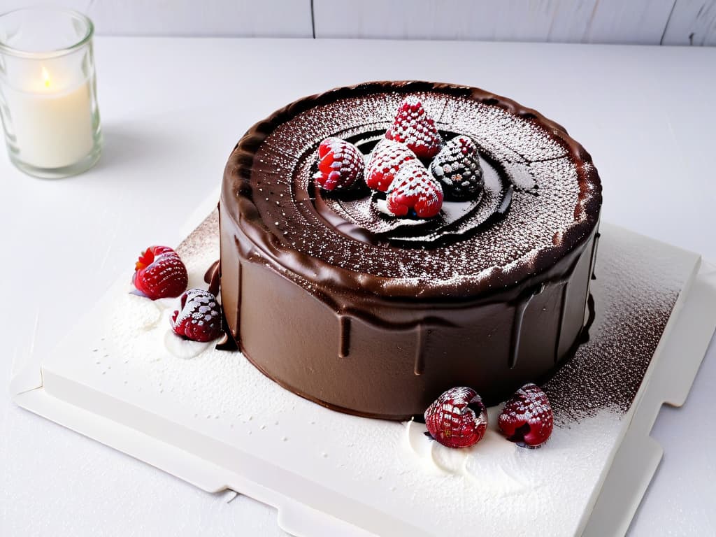  A beautifully plated glutenfree chocolate cake, garnished with fresh raspberries and a dusting of powdered sugar, set against a clean white backdrop. The cake is intricately layered, showcasing its moist texture and rich chocolate flavor. The raspberries add a pop of vibrant color, contrasting elegantly with the dark cake and white background. The lighting is soft and natural, emphasizing the cake's glossy sheen and inviting presentation. hyperrealistic, full body, detailed clothing, highly detailed, cinematic lighting, stunningly beautiful, intricate, sharp focus, f/1. 8, 85mm, (centered image composition), (professionally color graded), ((bright soft diffused light)), volumetric fog, trending on instagram, trending on tumblr, HDR 4K, 8K