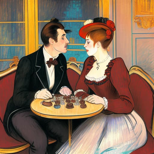  attractive young Parisian couple dressed in modern designer outfits who are romantically together in Paris. Foreground a small plate of fine dark chocolates on a small wooden table. Background dusk with a light of the inside the Moulin Rouge during a show. Painting style of Henri de Toulouse-Lautrec