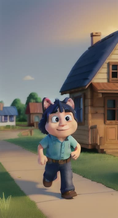  {Max walking back towards the cozy little house with droopy eyes, as twilight falls, The big blue dog is large with sky blue fur, big round eyes, a black nose, and floppy ears.