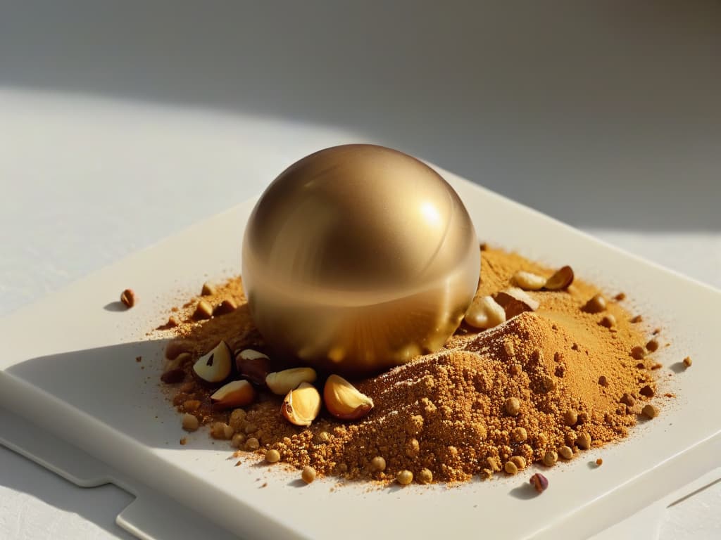  A closeup, ultradetailed image of a perfectly goldenbrown macadamia nut being delicately crushed into a fine powder between two marble slabs, showcasing the intricate textures and rich colors of the nut. The soft, warm lighting highlights the natural oils glistening on the surface, while tiny specks of crushed nut dust float gently in the air, creating an almost ethereal and mesmerizing scene. hyperrealistic, full body, detailed clothing, highly detailed, cinematic lighting, stunningly beautiful, intricate, sharp focus, f/1. 8, 85mm, (centered image composition), (professionally color graded), ((bright soft diffused light)), volumetric fog, trending on instagram, trending on tumblr, HDR 4K, 8K