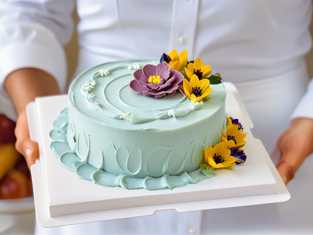  An ultradetailed closeup image of a customer's hands delicately holding a freshly baked, beautifully decorated pastry on a pristine white plate. The pastry is adorned with intricate swirls of pastelcolored frosting and edible flowers, exuding an air of elegance and sophistication. The background is softly blurred to keep the focus solely on the exquisite craftsmanship of the dessert, highlighting the artistry and attention to detail that goes into creating a memorable culinary experience for customers. hyperrealistic, full body, detailed clothing, highly detailed, cinematic lighting, stunningly beautiful, intricate, sharp focus, f/1. 8, 85mm, (centered image composition), (professionally color graded), ((bright soft diffused light)), volumetric fog, trending on instagram, trending on tumblr, HDR 4K, 8K