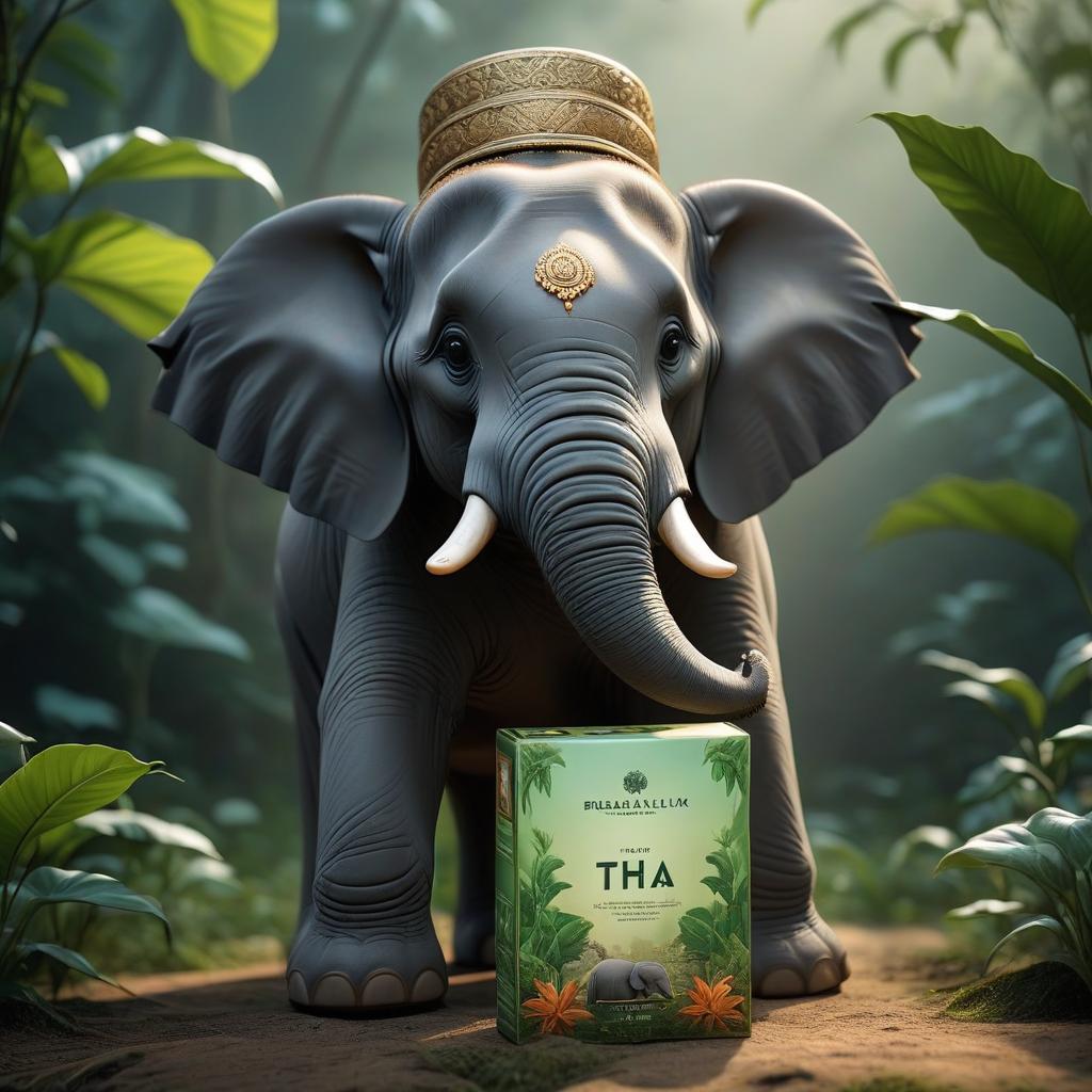  A tea packet cover with an elephant and tea leaves, the inscription reads "Indian Tea". hyperrealistic, full body, detailed clothing, highly detailed, cinematic lighting, stunningly beautiful, intricate, sharp focus, f/1. 8, 85mm, (centered image composition), (professionally color graded), ((bright soft diffused light)), volumetric fog, trending on instagram, trending on tumblr, HDR 4K, 8K