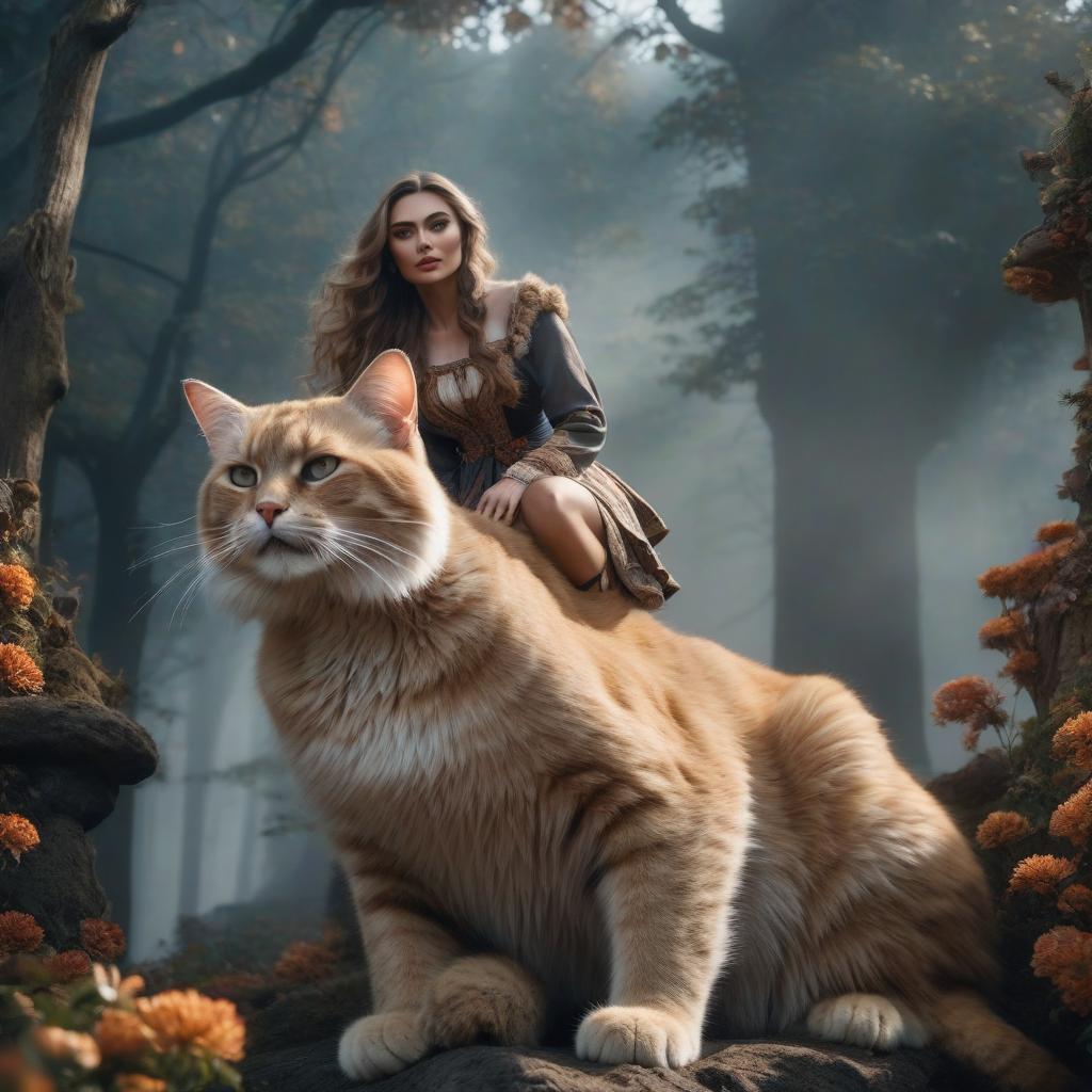  A beautiful Slavic girl rides a giant cat. hyperrealistic, full body, detailed clothing, highly detailed, cinematic lighting, stunningly beautiful, intricate, sharp focus, f/1. 8, 85mm, (centered image composition), (professionally color graded), ((bright soft diffused light)), volumetric fog, trending on instagram, trending on tumblr, HDR 4K, 8K