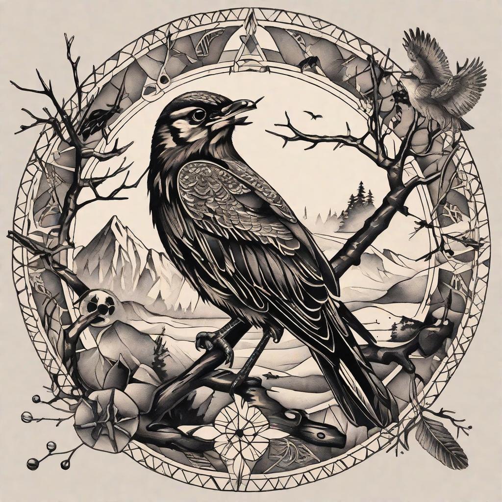  masterpiece, best quality,A bold tattoo featuring a Dreamcatcher with owl and snow goose and salmon and deer and woodpecker and snake and raven,