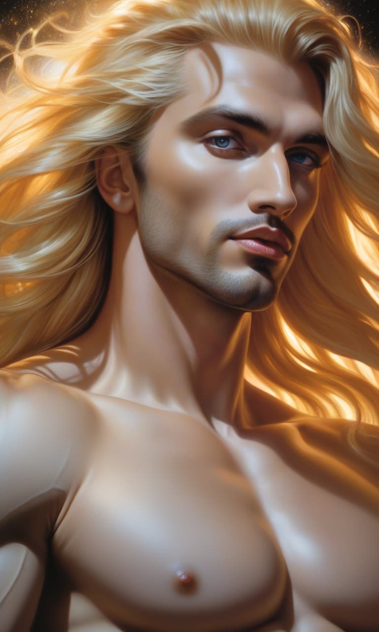  (photorealistic, oil painting:1.3), mesmerizing guy, long flowing blond hair, (large sensual mouth:1.2), plump lips, sparkling eyes, (voluptuous figure:1.2), collaborative style inspired by Enki Bilal and Mark Brooks, noctilucent glow, ethereal aura, detailed brushwork, intricate shadows and highlights, mysterious and captivating expression, unique color palette, masterful use of light and shadow, immersive atmosphere, raw emotion, intense gaze, dynamic composition. hyperrealistic, full body, detailed clothing, highly detailed, cinematic lighting, stunningly beautiful, intricate, sharp focus, f/1. 8, 85mm, (centered image composition), (professionally color graded), ((bright soft diffused light)), volumetric fog, trending on instagram, trending on tumblr, HDR 4K, 8K