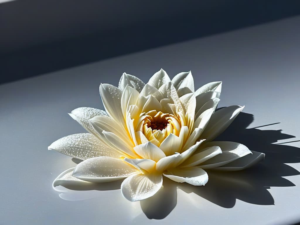  A closeup, ultradetailed image of a single delicate sugar flower being meticulously dehydrated under a dim spotlight. The petals of the flower are slowly curling inwards, creating intricate patterns and textures as the moisture is extracted, highlighting the precision and artistry involved in molecular pastry dehydration techniques. The contrast between the sharp shadows and the subtle translucency of the flower captures the essence of the meticulous process, embodying the fusion of science and creativity in molecular gastronomy. hyperrealistic, full body, detailed clothing, highly detailed, cinematic lighting, stunningly beautiful, intricate, sharp focus, f/1. 8, 85mm, (centered image composition), (professionally color graded), ((bright soft diffused light)), volumetric fog, trending on instagram, trending on tumblr, HDR 4K, 8K