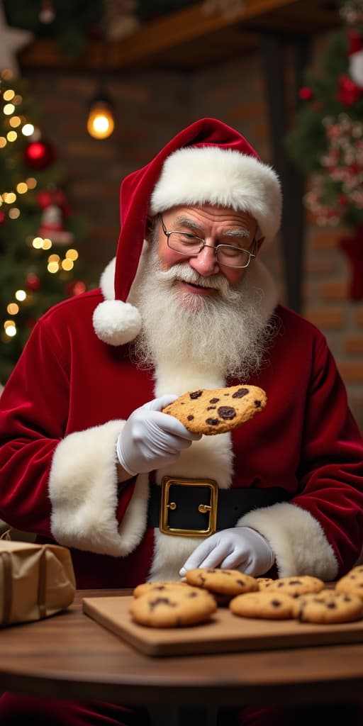  good quality, high quality, santa enjoys freshly baked cookies in a cozy setting, surrounded by festive decorations, evoking holiday warmth and joy.