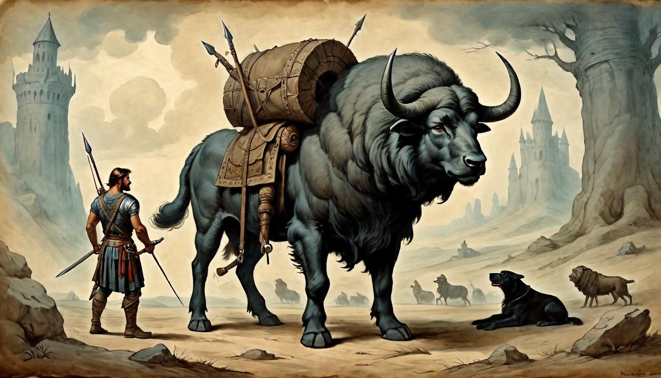  on parchment, surrealism+++, A young shepherd with a sling, staring down a giant warrior, contrasting sizes, intense confrontation(mysterious, provocative, symbolic,muted color)+++