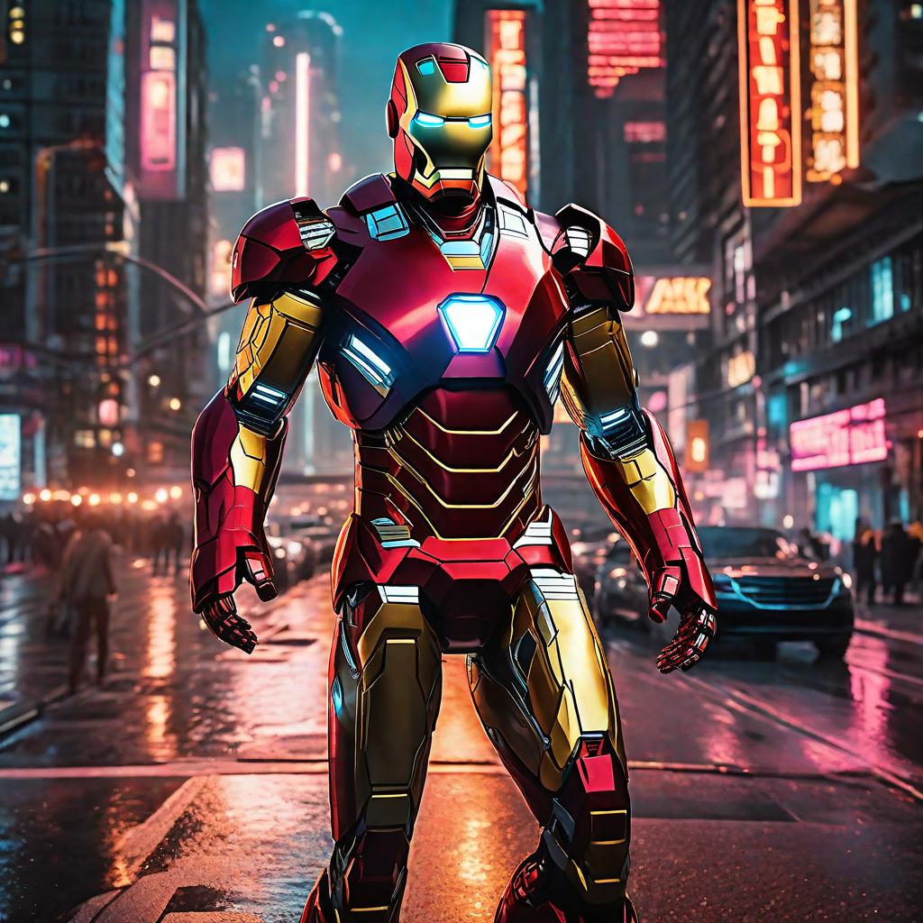  masterpiece, best quality, masterpiece, 8k resolution, realistic, highly detailed, Iron Man close-up. He stands on a street lined with tall buildings in a cyberpunk style city at night. The city's night lights are bright, and the surrounding buildings and streets are full of cyberpunk elements such as neon lights, high-tech equipment and futuristic architectural design.