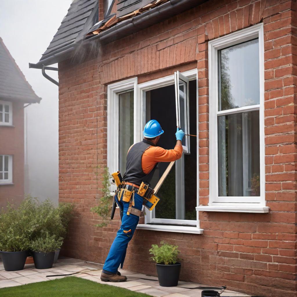  A professional worker replacing a window on a house. The image should show a 'before' scene with a visibly damaged window, showcasing cracks and possible shattering. The worker should be equipped with safety gear, such as a helmet and gloves, and have tools appropriate for window installation. The house should have a traditional appearance with brick or wooden walls, and the broken window should be at the front of the house, easily accessible by the worker. The image should capture the process of window replacement in a realistic manner, emphasizing the skill and professionalism of the worker. hyperrealistic, full body, detailed clothing, highly detailed, cinematic lighting, stunningly beautiful, intricate, sharp focus, f/1. 8, 85mm, (centered image composition), (professionally color graded), ((bright soft diffused light)), volumetric fog, trending on instagram, trending on tumblr, HDR 4K, 8K