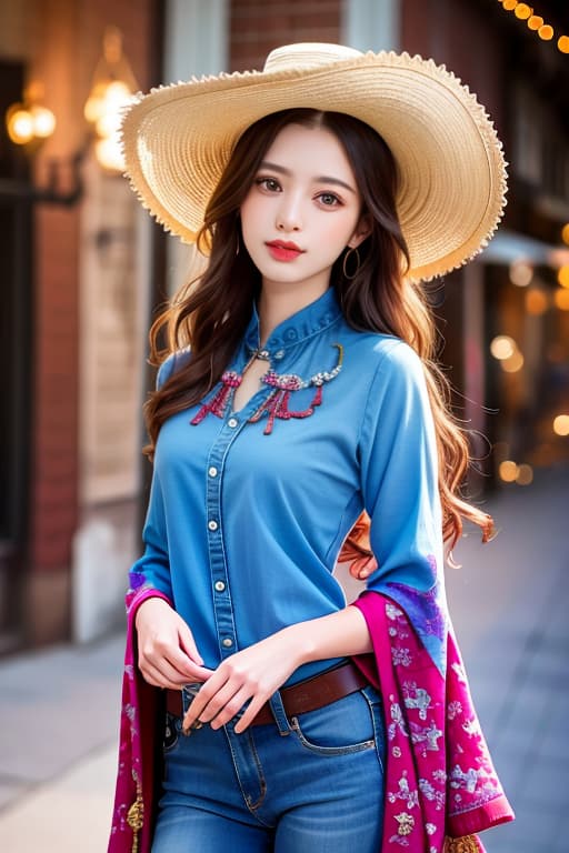  (:1.4), :1.4 , Cow , long wavy , wild west, cowboy hat, western town, jeans, masterpiece, (detailed face), (detailed clothes), f/1.4, ISO 200, 1/160s, 4K, unedited, symmetrical balance, in-frame, masterpiece, perfect lighting, (beautiful face), (detailed face), (detailed clothes), 1 , (woman), 4K, ultrarealistic, unedited, symmetrical balance, in-frame